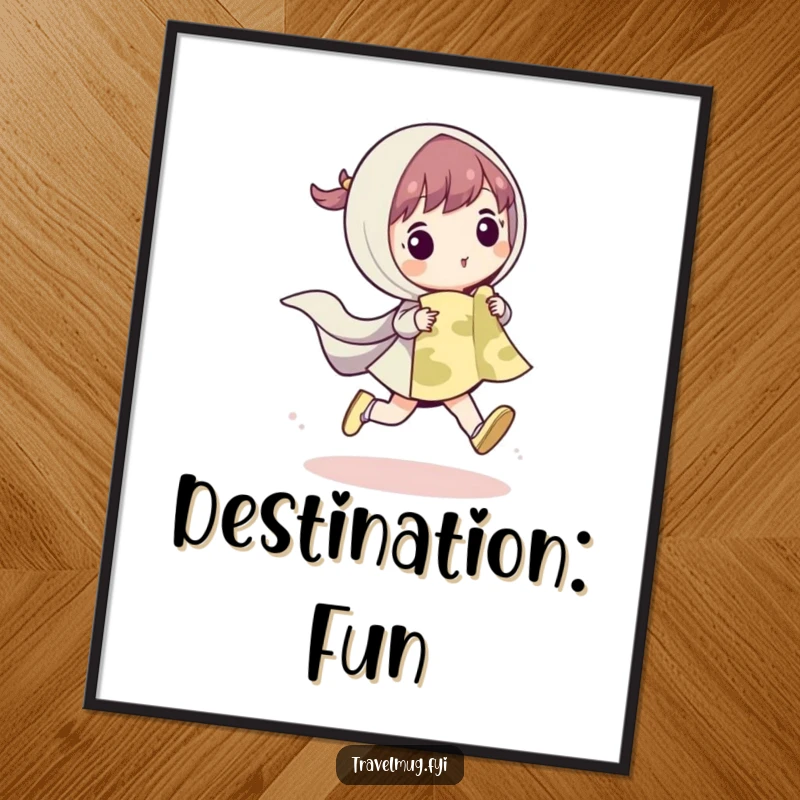 Funny poster art of a cute character skipping with a map, conveying pure joy and the excitement of finding the way.