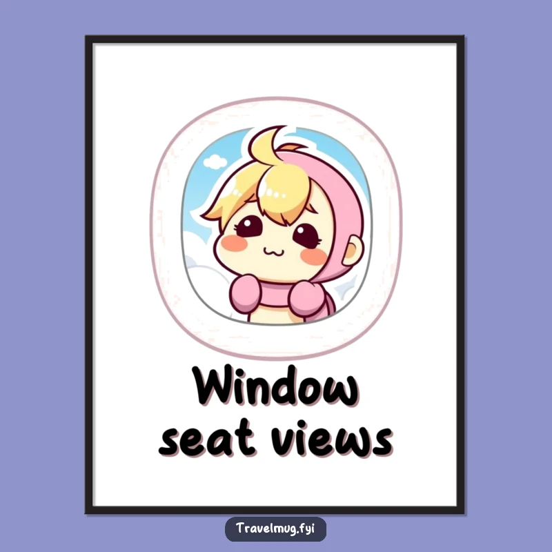 Funny Airplane Window Poster: Silly Kawaii Character Makes Funny Face Art