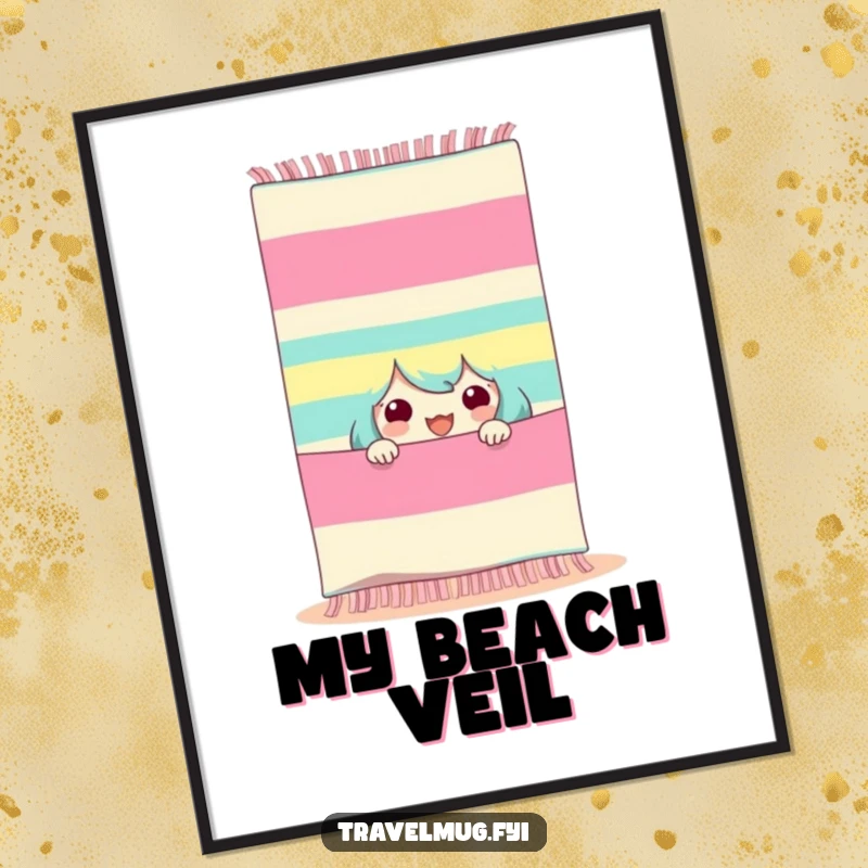 Funny beach towel art poster, a character peeking excitedly from a striped beach towel, adding playful and humorous decor.