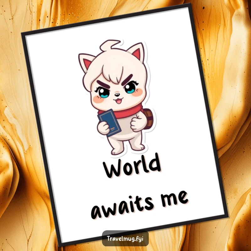 Funny poster art of a cute character with a mischievous grin holding a passport, ready to embark on exciting travels.