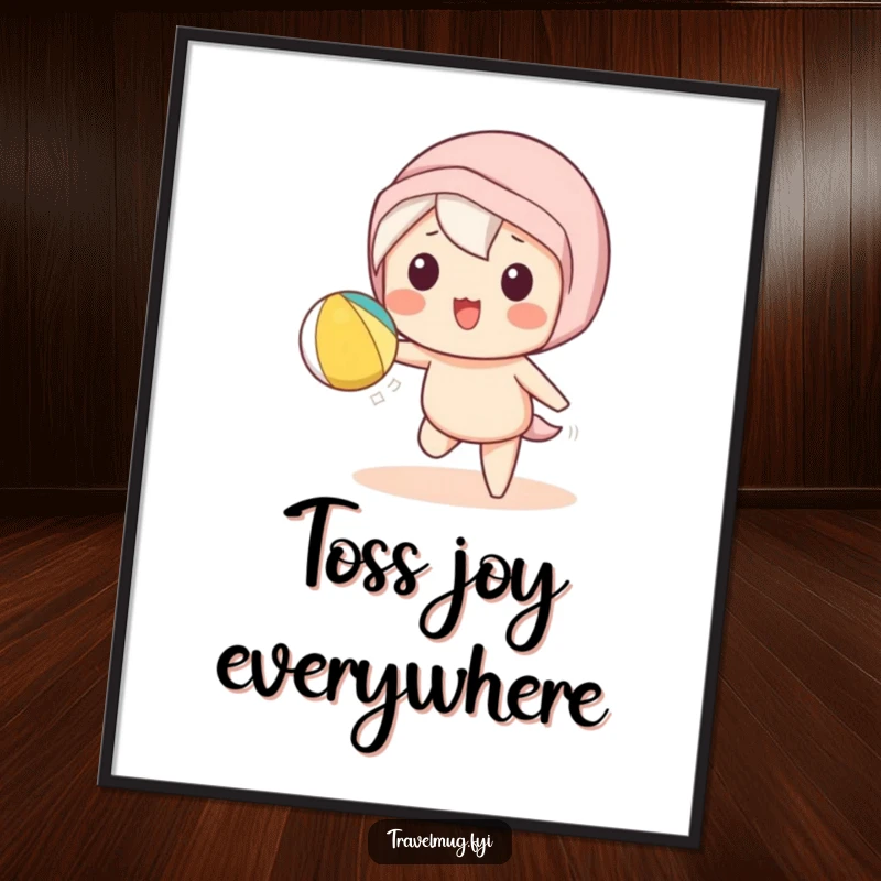 Funny Kawaii character poster showing a cute character playfully tossing a beach ball, vibrant and fun summer art.