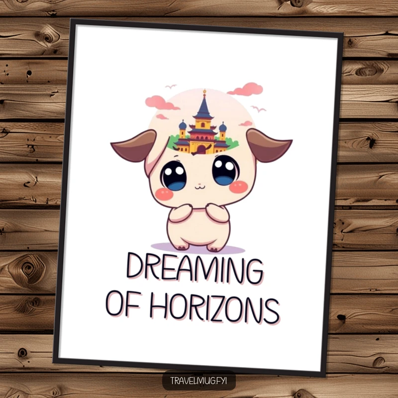 Funny poster showcasing a kawaii character with wide eyes, gazing at a colorful, distant landmark, adding a touch of humor and travel dreams.
