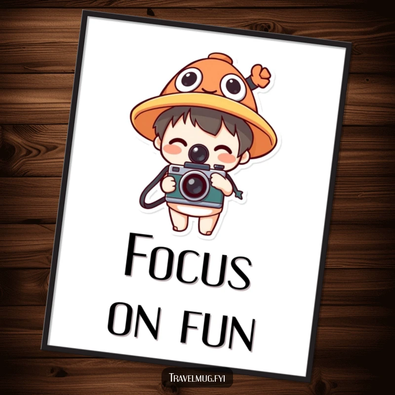 Funny poster depicting a character in a comical hat holding a camera, perfect for photography enthusiasts' decor.