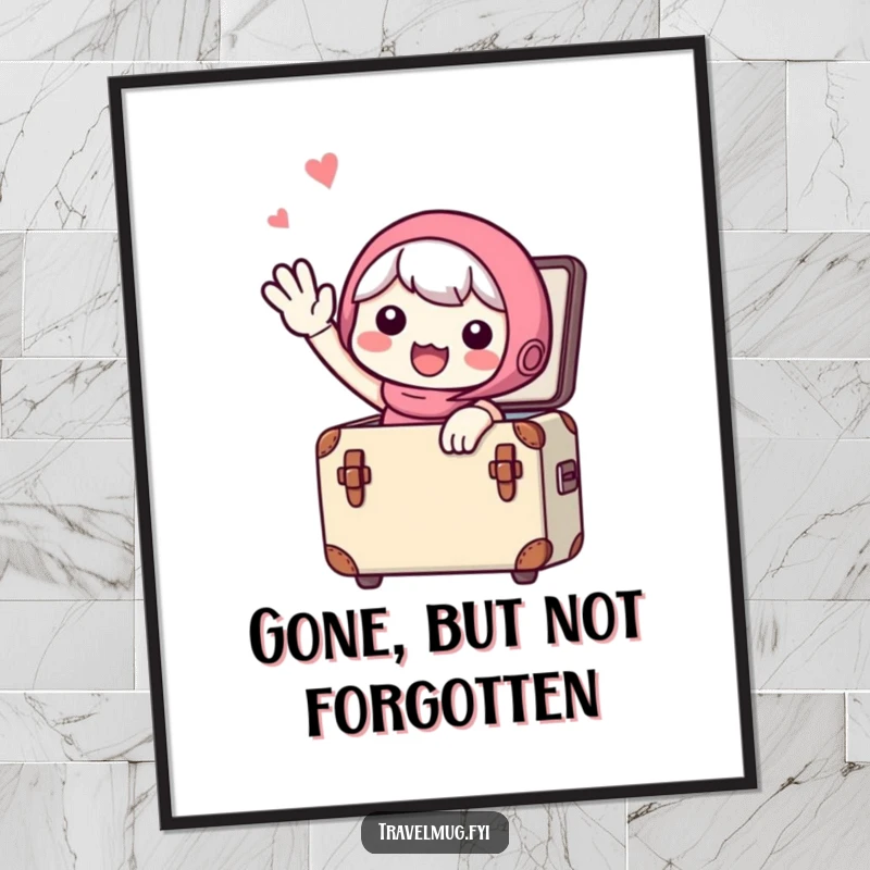 Funny Poster: A cute character waving goodbye from a small suitcase, symbolizing excitement for new journeys, great wall art.