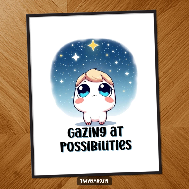 Funny Poster: A character with wide eyes looking up at a star-filled sky, symbolizing dreams and cosmic beauty, great decor.