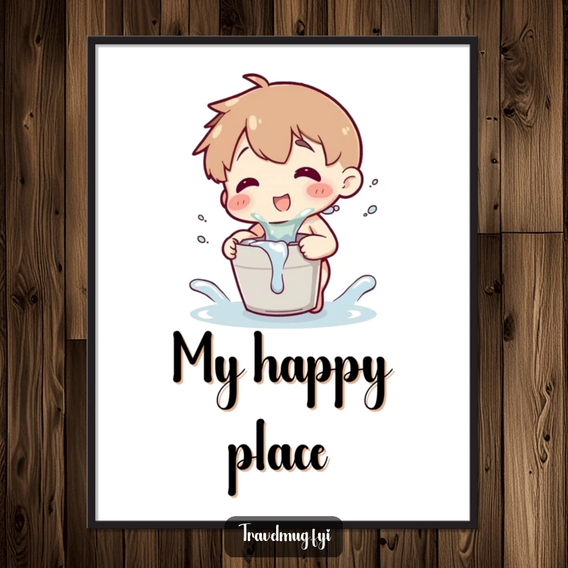 Funny poster illustrating a character playfully splashing water from a tiny bucket, bringing cheerful and humorous vibes.