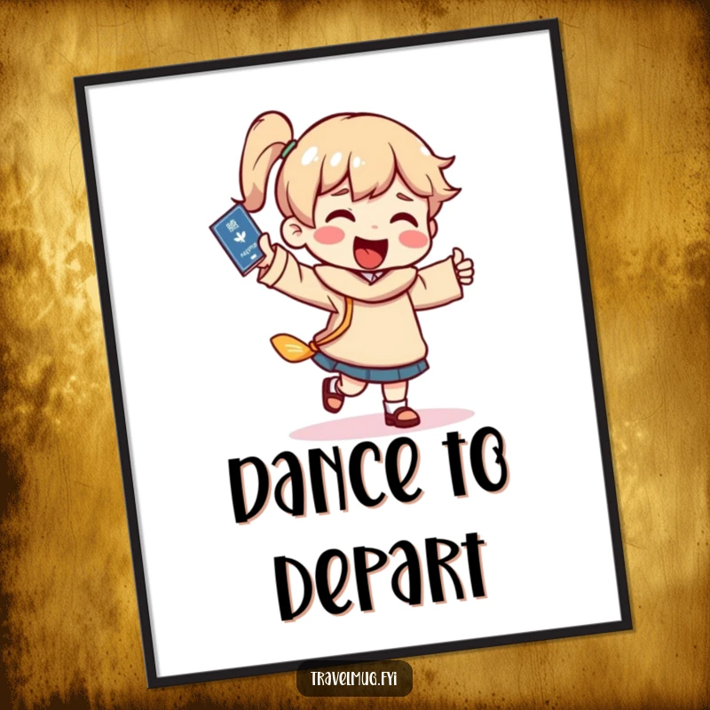 Funny travel dance poster, a character happily dancing holding a passport, perfect for adding travel-themed joy to decor.