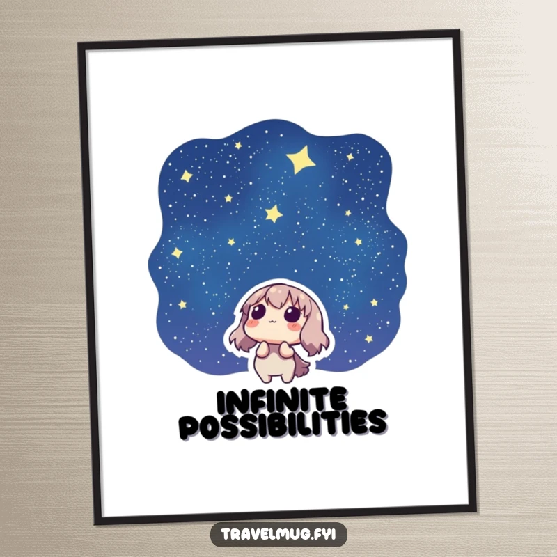Funny poster depicting a character looking up at a starry night sky with awe, perfect for celestial-themed decor.
