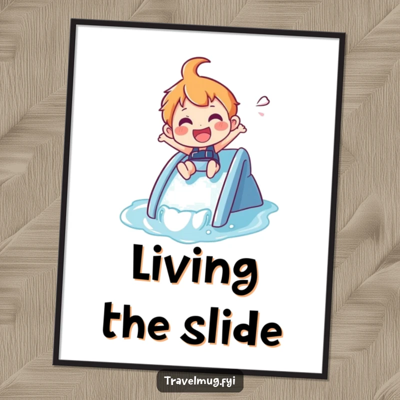 Funny Poster: A joyful character zips down a small waterslide, celebrating sunny days.