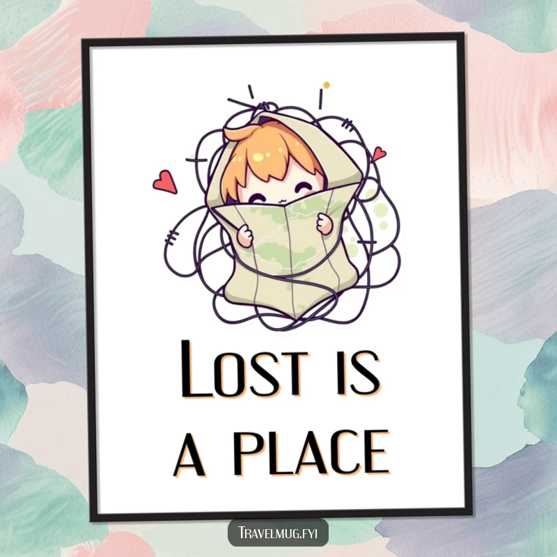 Funny poster capturing a character comically tangled in a map, a humorous piece of wall art for adventurers.