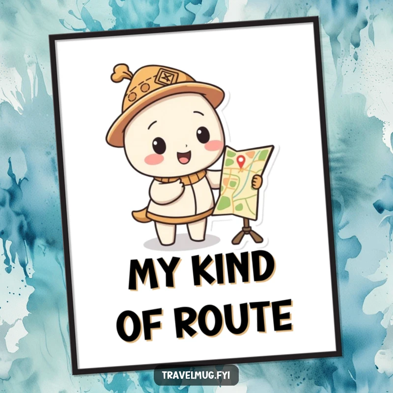 Funny poster depicts a character in a silly hat pointing at a funny map, ideal for adventurous wall decor.