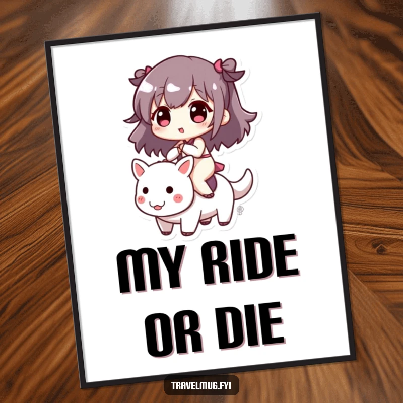 Funny poster art of a cute character joyfully riding a small, energetic creature, creating a whimsical and happy atmosphere.