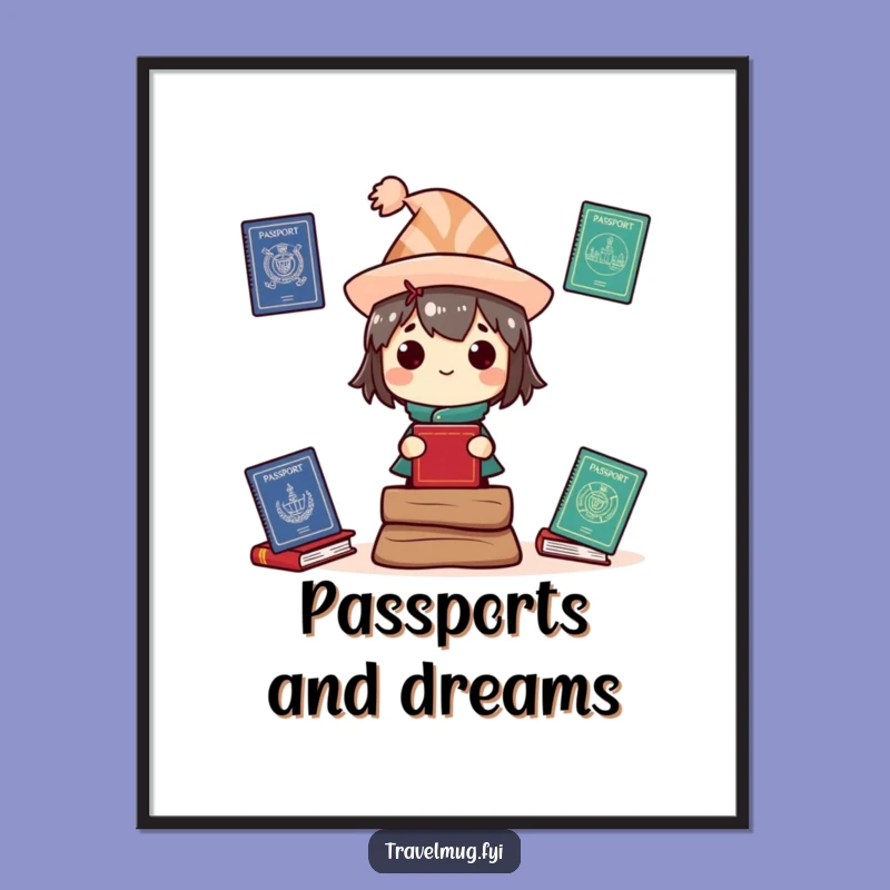 Funny Travel Poster: Character with passports, a unique funny wall art gift.