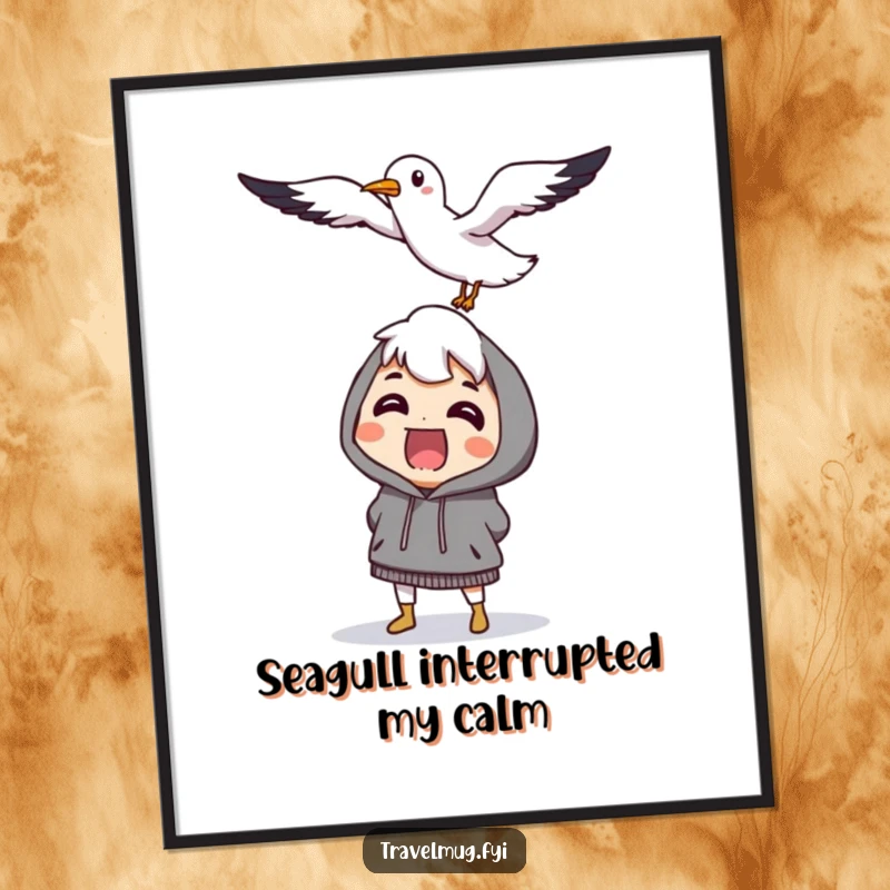 Funny character comically surprised by a flying, smiling seagull, humorous and cute wall art for beach lovers.