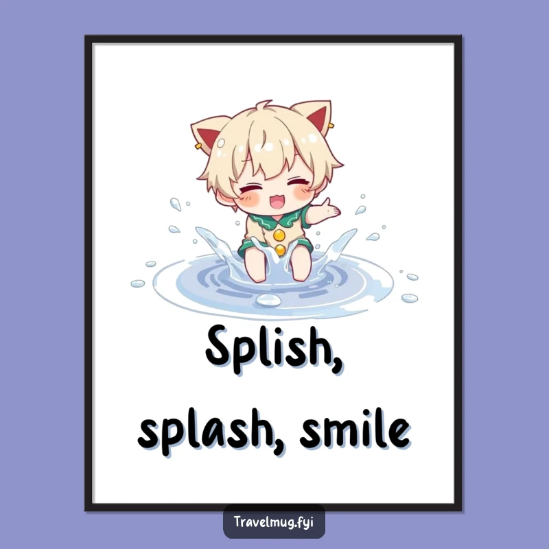 Funny Puddle Joy Poster: Character splashing, a whimsical funny wall art gift.