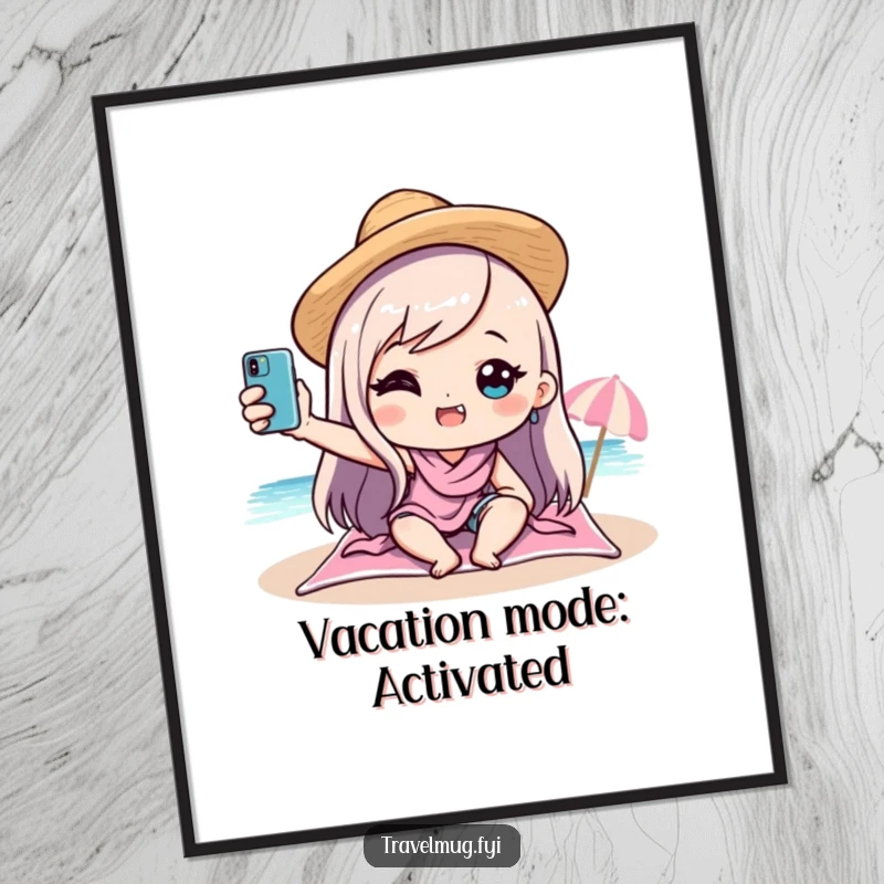 Funny kawaii character capturing a beach selfie, rendered as a lively poster, radiating happiness and vacation cheer, perfect for adding humor to walls.
