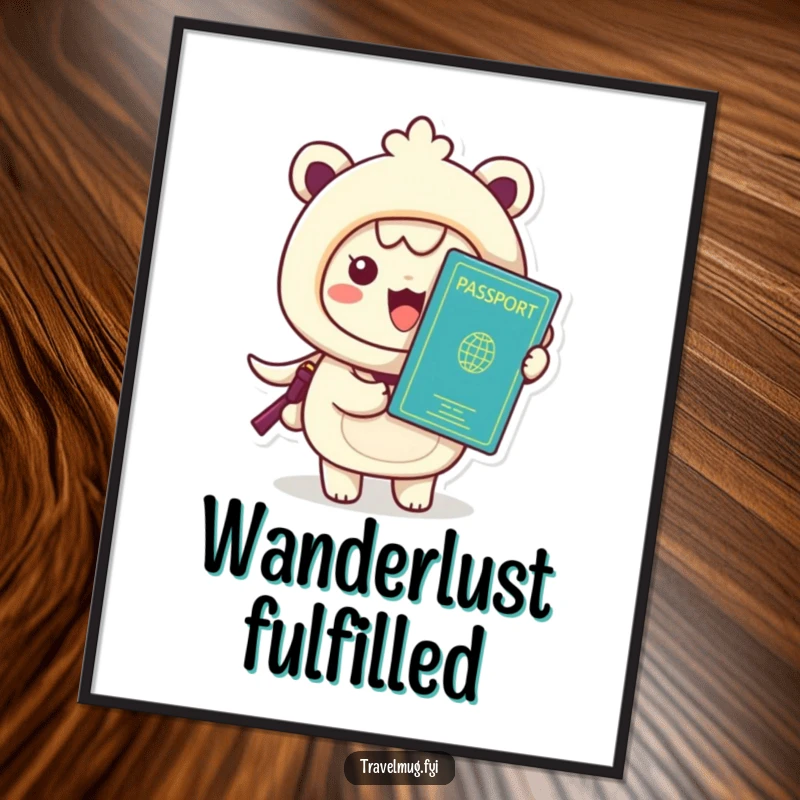 Funny Kawaii Poster, a happy character excitedly holding a passport, symbolizing global exploration.