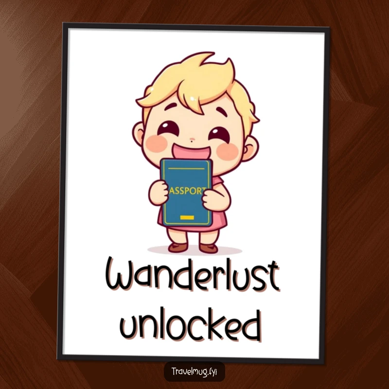 Funny Poster featuring a kawaii character with a huge grin, proudly holding up a passport, ready for exciting international adventures.