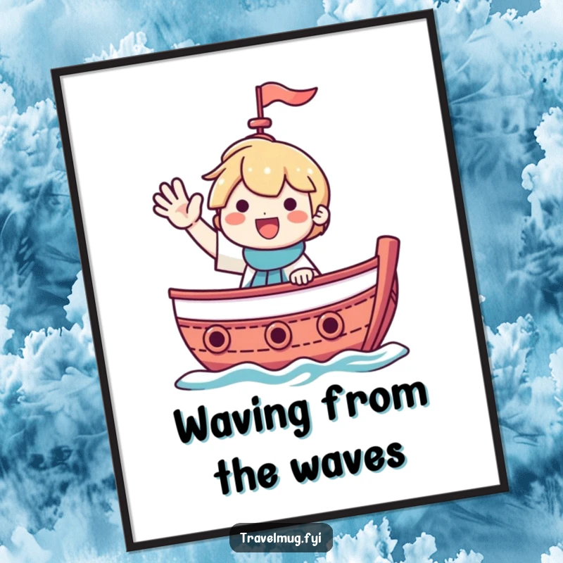Funny poster featuring a smiling character waving from a boat, perfect for nautical-themed decor.