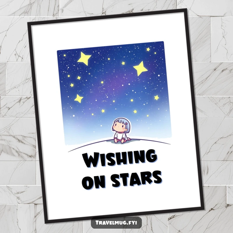 Funny poster art of a cute character looking up at a vast, beautiful starry night sky, evoking peace and awe.