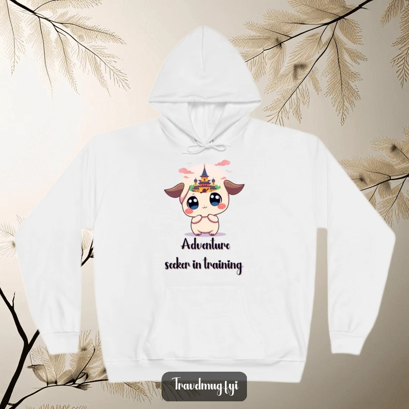 Funny hoodie with a kawaii character, wide eyes fixed on a colorful landmark, symbolizing dreams and distant adventures, perfect cozy wear.