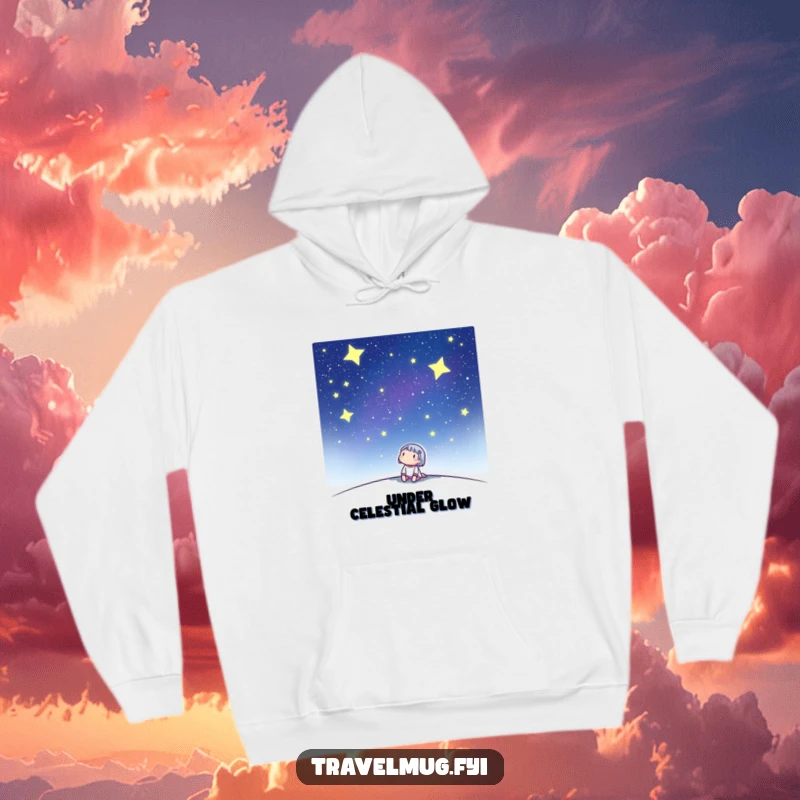 Funny hoodie with a cute character looking up at a dark sky filled with countless twinkling stars, symbolizing dreams.