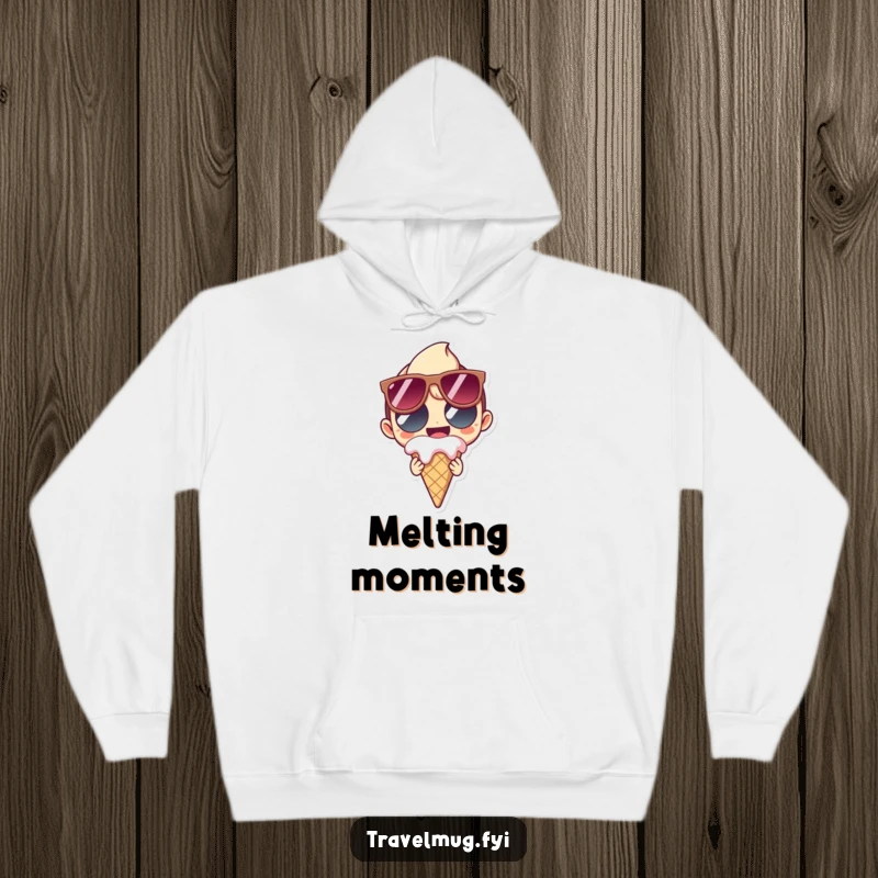 Funny Hoodie featuring a character in large sunglasses, grinning and holding a melting ice cream cone, embodying summer's sweet chaos.