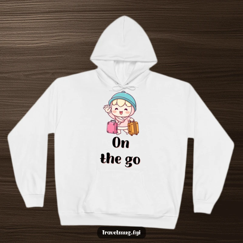 Funny Hoodie featuring a kawaii character waving goodbye cheerfully while holding a suitcase, perfect for staying warm and inspired for travel.