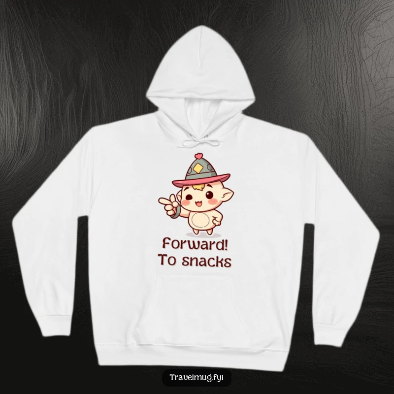 Funny Hoodie: A character wearing a jaunty hat enthusiastically pointing forward, offering directional inspiration and comfort.