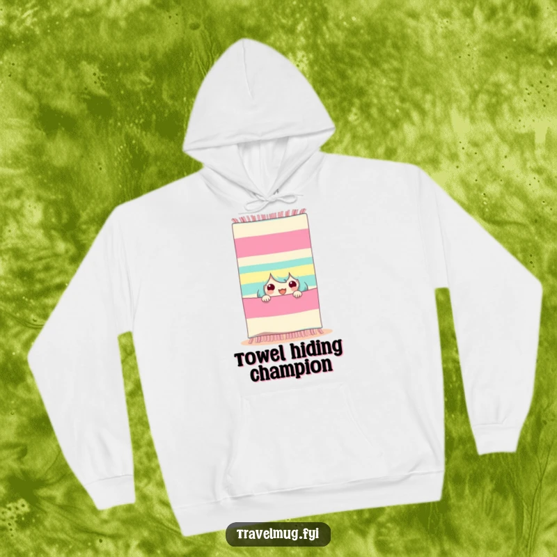 Funny beach day hoodie, a character peeking from behind a striped beach towel, offering comfort and seaside humor.