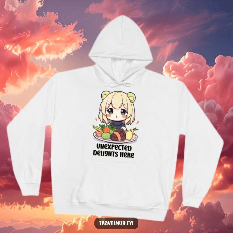 Funny Hoodie: Character looking surprised at a plate of exotic food, perfect for cozy nights and culinary contemplation.