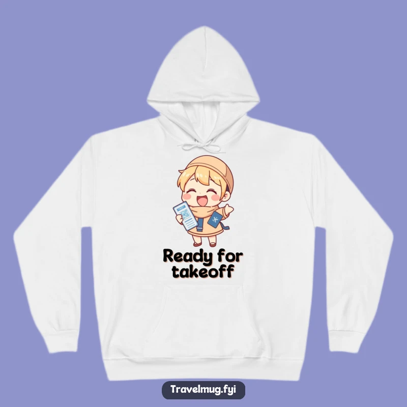 Funny Hoodie: Character Gleefully Holds Passport & Ticket, Cozy Funny Traveler Gift!