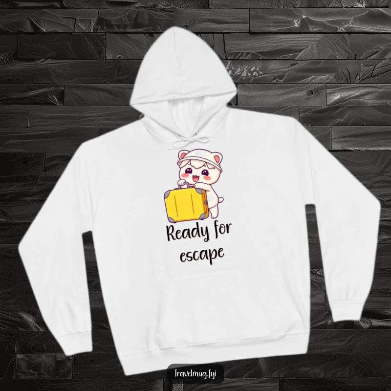 Funny Kawaii Hoodie, a cheerful character pointing at a packed suitcase, ideal for travel comfort and style.