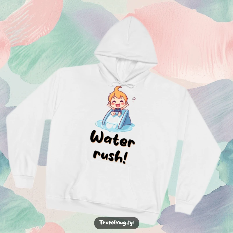 Funny Hoodie: A joyful character speeds down a small waterslide, arms up in delight.