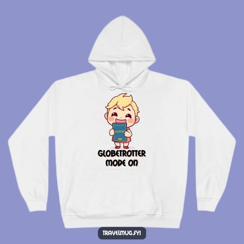 Cozy Funny Travel Passport Hoodie: Grinning Kawaii Character, Warm & Humorous