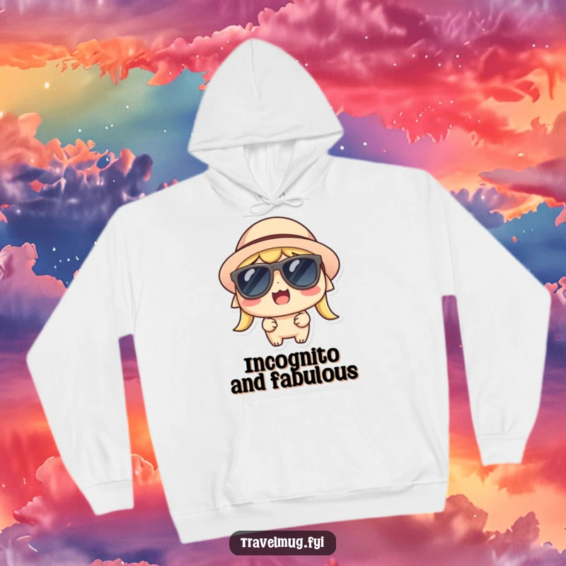 Funny Kawaii Hoodie, a cool character in sunglasses and a hat, looking thrilled and ready for fun.