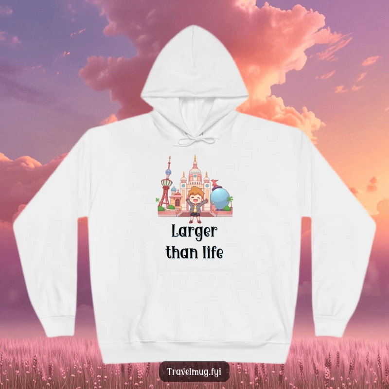 Funny hoodie depicting a character happily posing in front of a whimsical landmark composed of gigantic everyday objects.