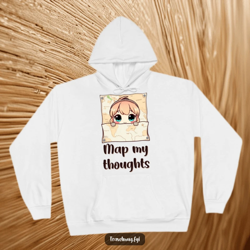 Funny Hoodie with a character's wide eyes peeking out from behind a giant map, radiating curiosity and a thirst for adventure.