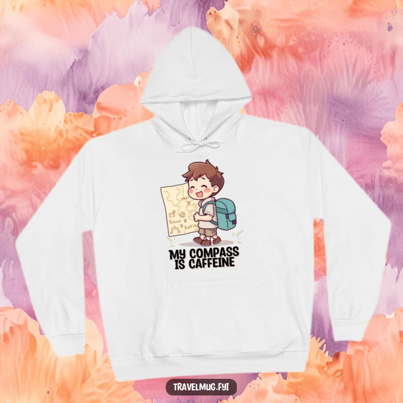 Funny Hoodie: A character with a backpack joyfully looking at a giant map, planning their next big adventure, cozy and fun.