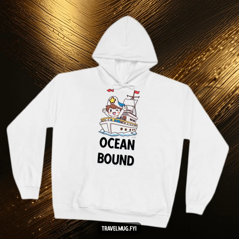 Funny Hoodie: A happy character waves farewell from a departing ship, embodying excitement and wanderlust.