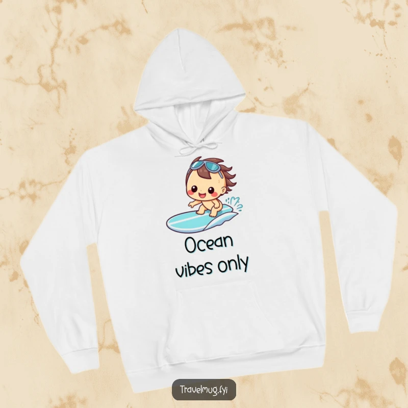 Funny Kawaii Hoodie, a happy character grinning on a surfboard, ideal for cozy beach vibes.