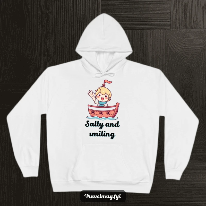 Funny hoodie illustration of a character smiling and waving from a boat, perfect for chilly sea days.