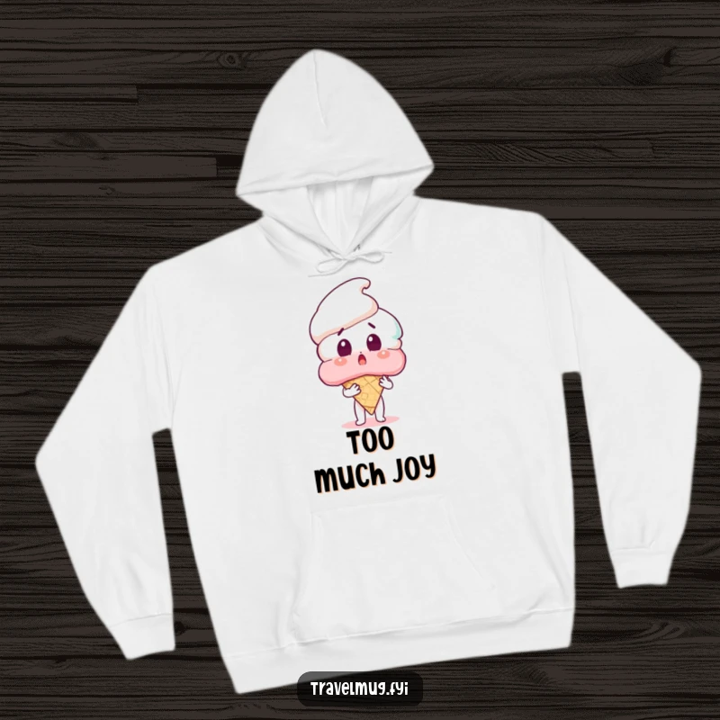 Funny hoodie illustrating a character’s wide-eyed surprise holding a massive ice cream cone, offering warmth and hilarious style.