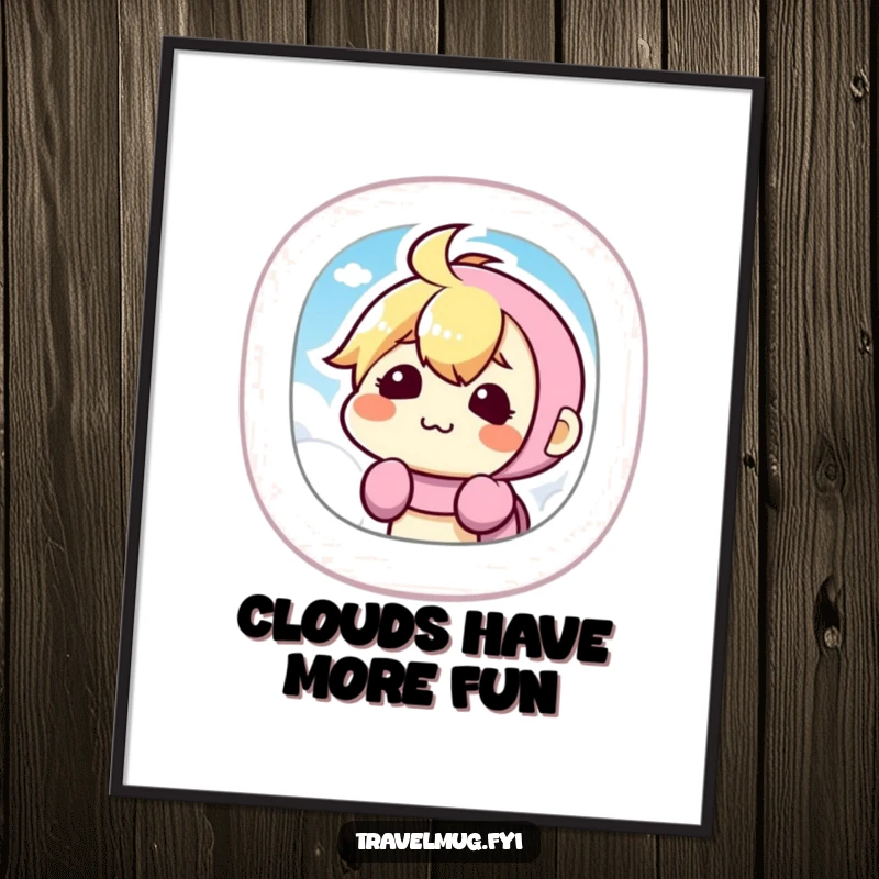 Funny Free Printable Wall Art: Goofy kawaii character making a hilarious silly face from an airplane window seat.