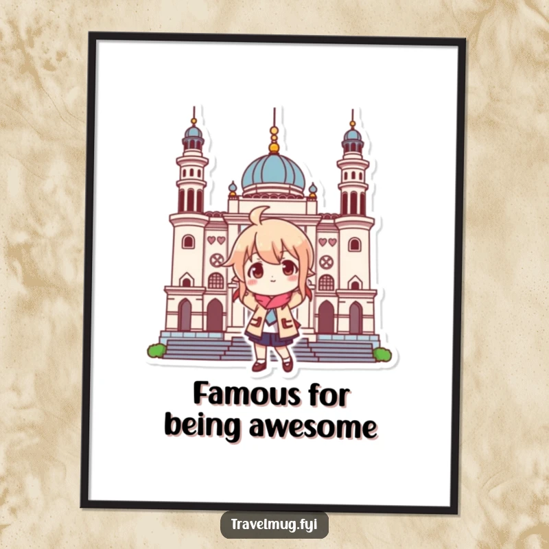 Funny Free Printable Wall Art: A character strikes a playful pose in front of a famous landmark, ready for adventure.