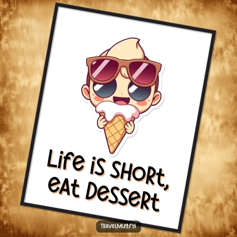 Funny Free Printable Wall Art: Character in sunglasses grins holding a melting ice cream cone.