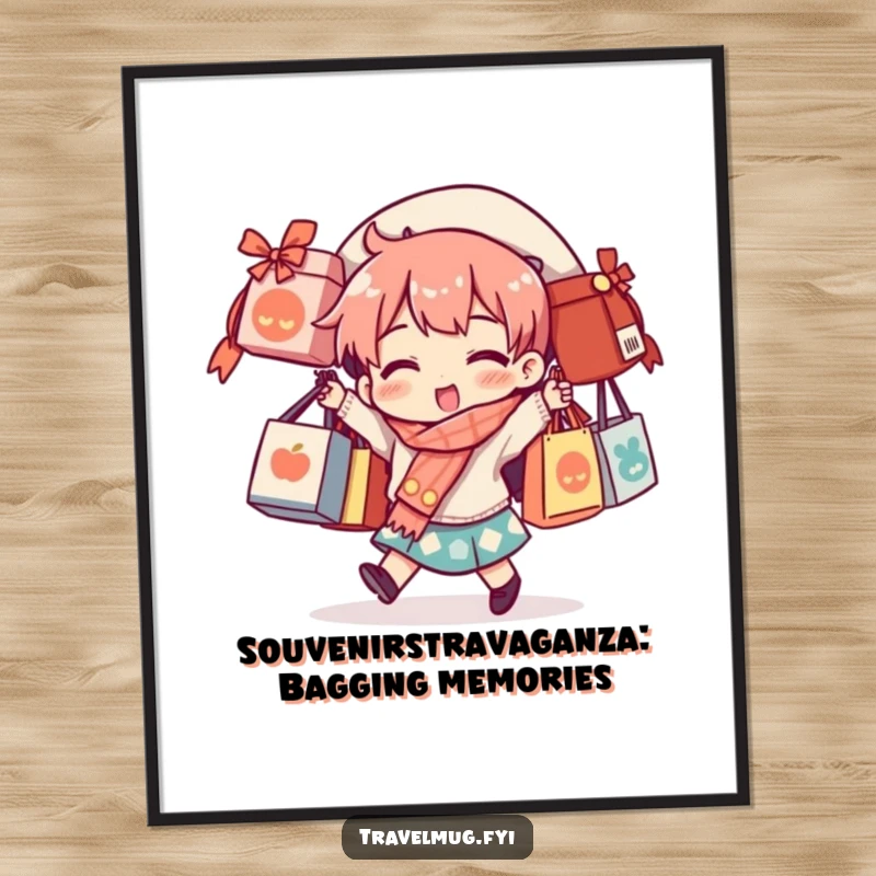 Funny Free Printable Wall Art of a character comically overloaded with souvenir bags, a humorous statement piece for any room.