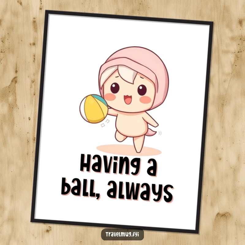 Funny free printable wall art: A dynamic Kawaii character mid-air, playfully tossing a bright beach ball.