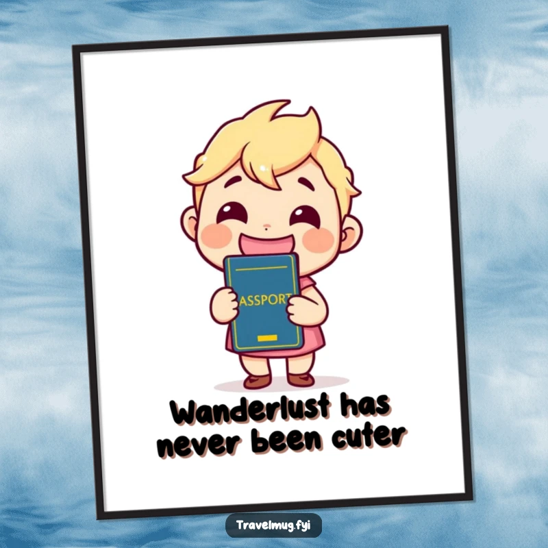 Funny Free Printable Wall Art: Cheerful kawaii character holding a passport with an enormous, ecstatic grin.