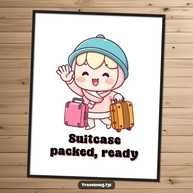 Funny Free Printable Wall Art: Adorable kawaii character joyfully waving goodbye, holding a travel suitcase.